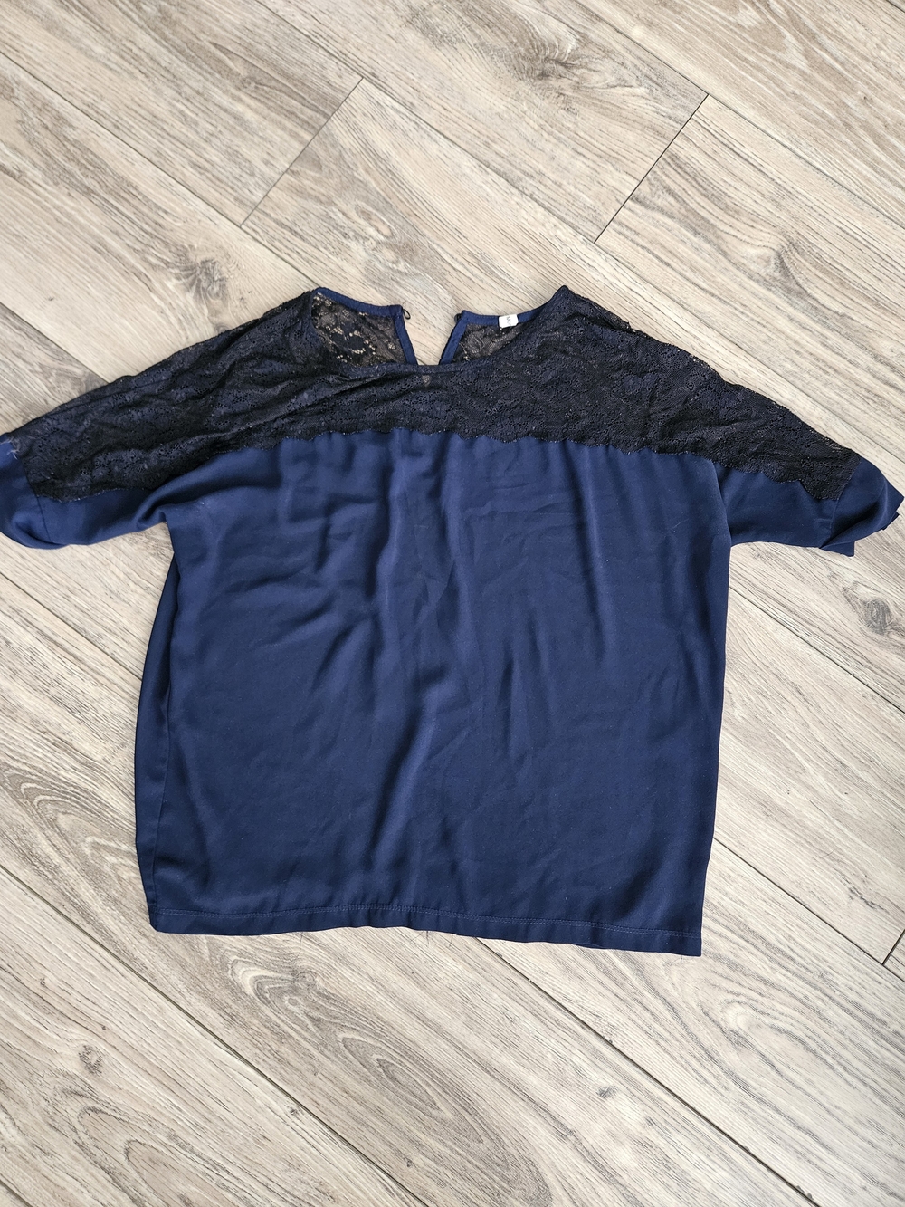 Women's Navy Lace Yoke Short Sleeve Top